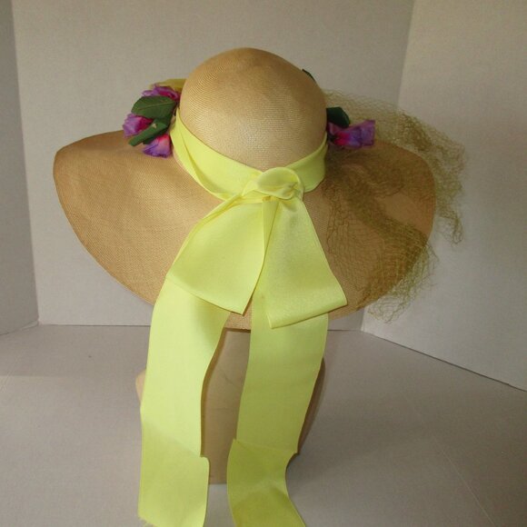 VTG 60's Wide Brim Natural Straw Hat wVeil Flowers Yellow Ribbon Bergdorf France - Picture 7 of 11